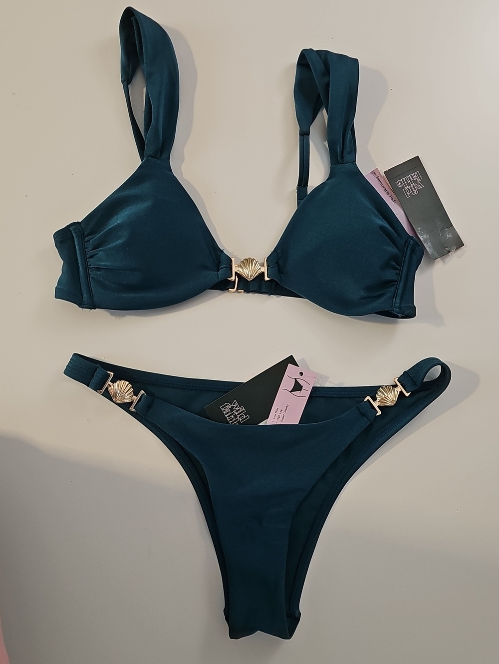 Wild Fable Women's S Shimmery Dark Teal Bikini Set with Gold Shell Accents